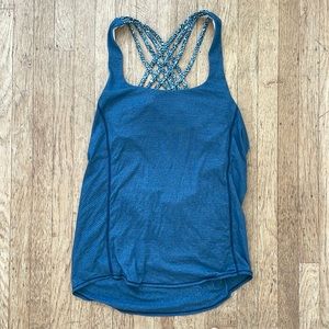 Lululemon open back blue workout top with built in bra, size 4